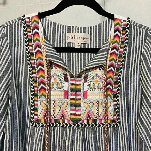 Philosophy Republic Womens Tunic Dress MEDIUM Embroidered Tassel Stripe Bohemian - Picture 2 of 9